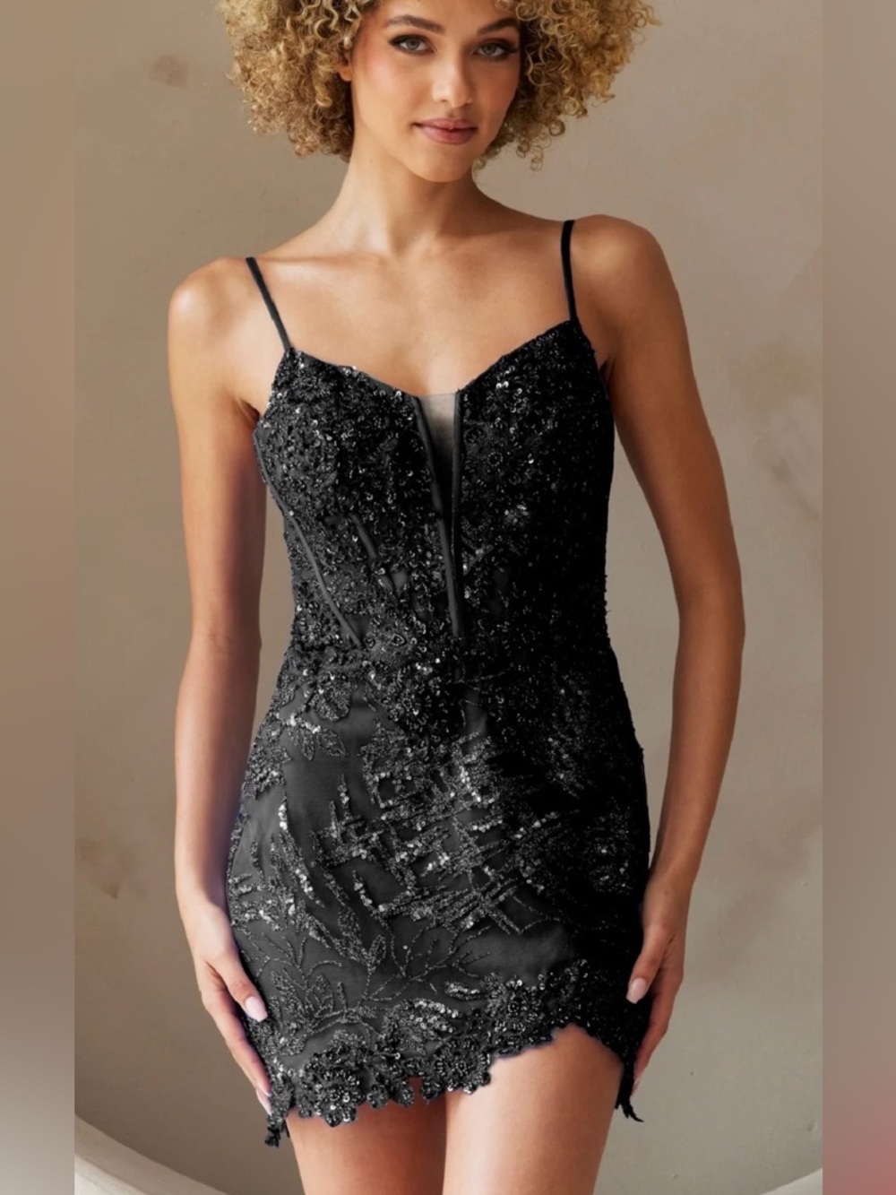 Elegant Black Beaded Spaghetti-Strap Prom Dress